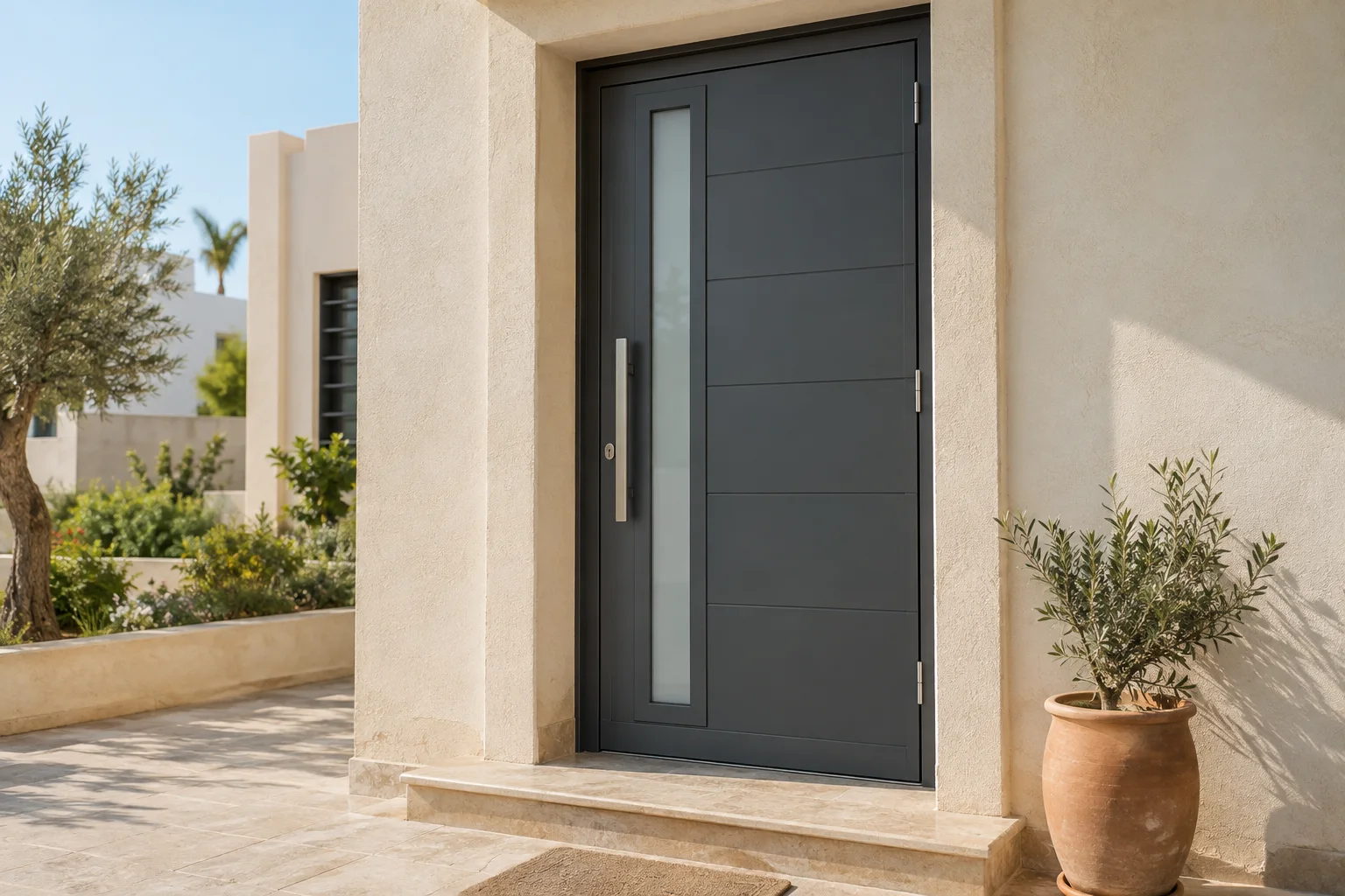 Porte d’entrée en aluminium avec vitrage dépoli