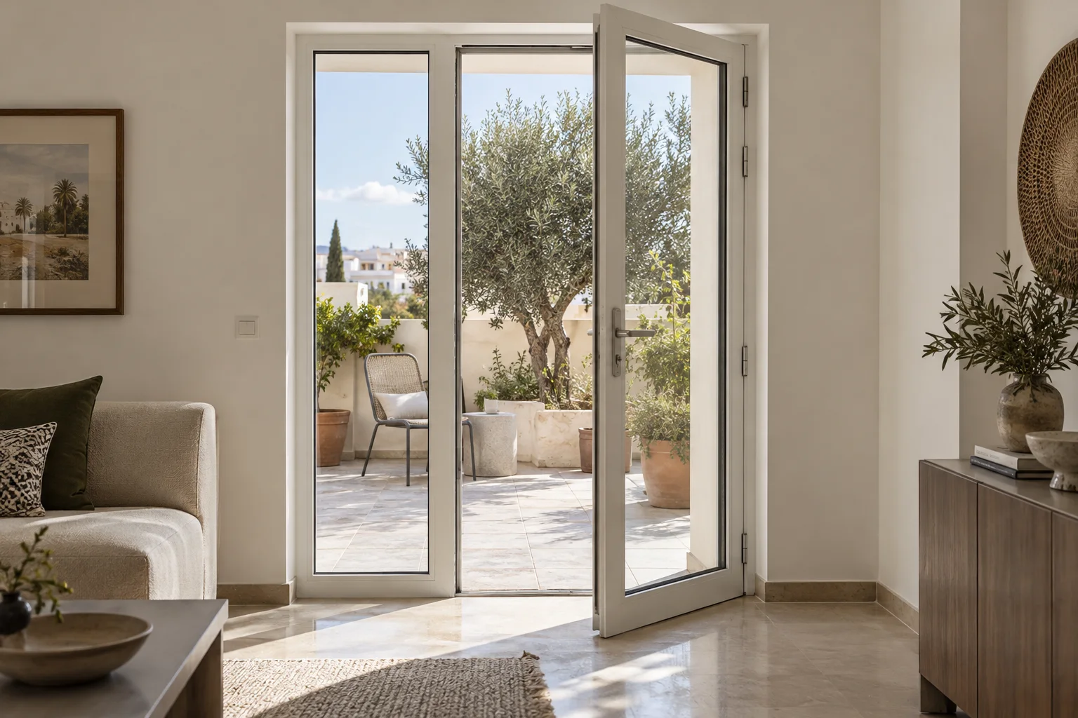 Porte vitrée en aluminium donnant sur une terrasse